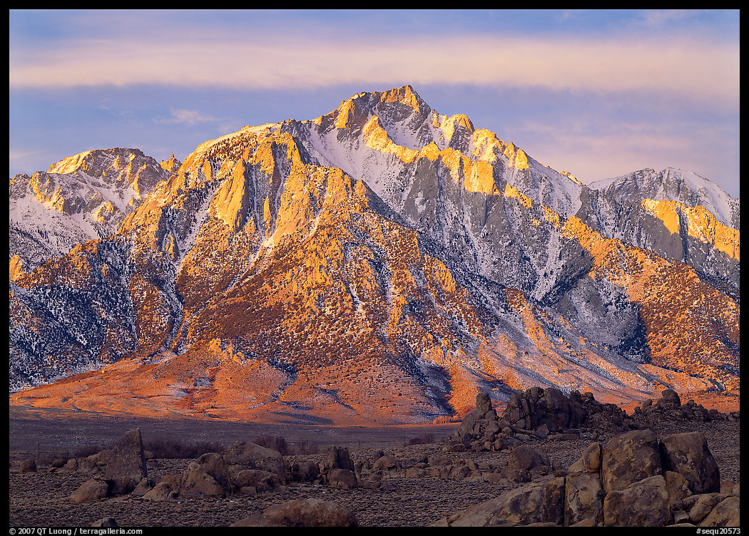 Volcanic boulders in Alabama hills and Lone Pine Peak, sunrise. Sequoia National Park, California, USA.