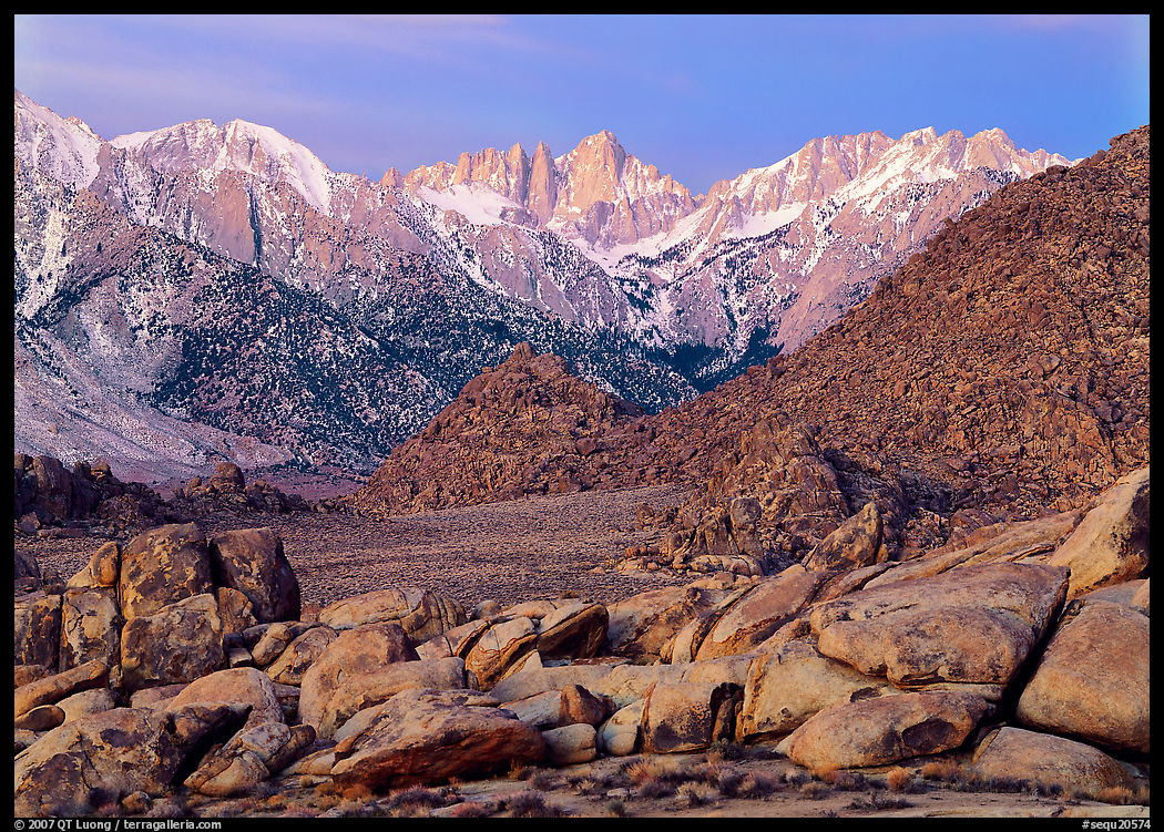 Volcanic boulders in Alabama hills and Mt Whitney, dawn. Sequoia National Park, California, USA.