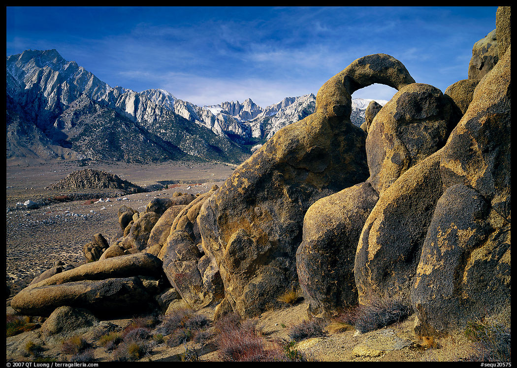 Rock arch and Sierra Nevada range with Mt Whitney, morning. Sequoia National Park