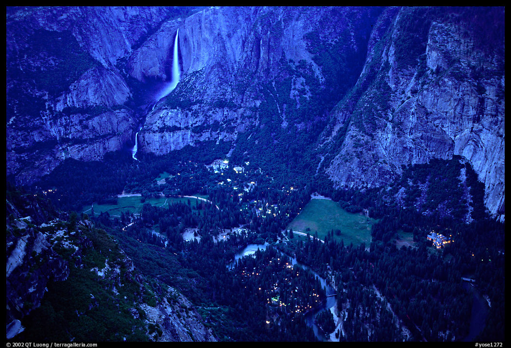 Yosemite Falls, Valley and Village seen from Glacier Point, dusk. Yosemite National Park, California, USA.