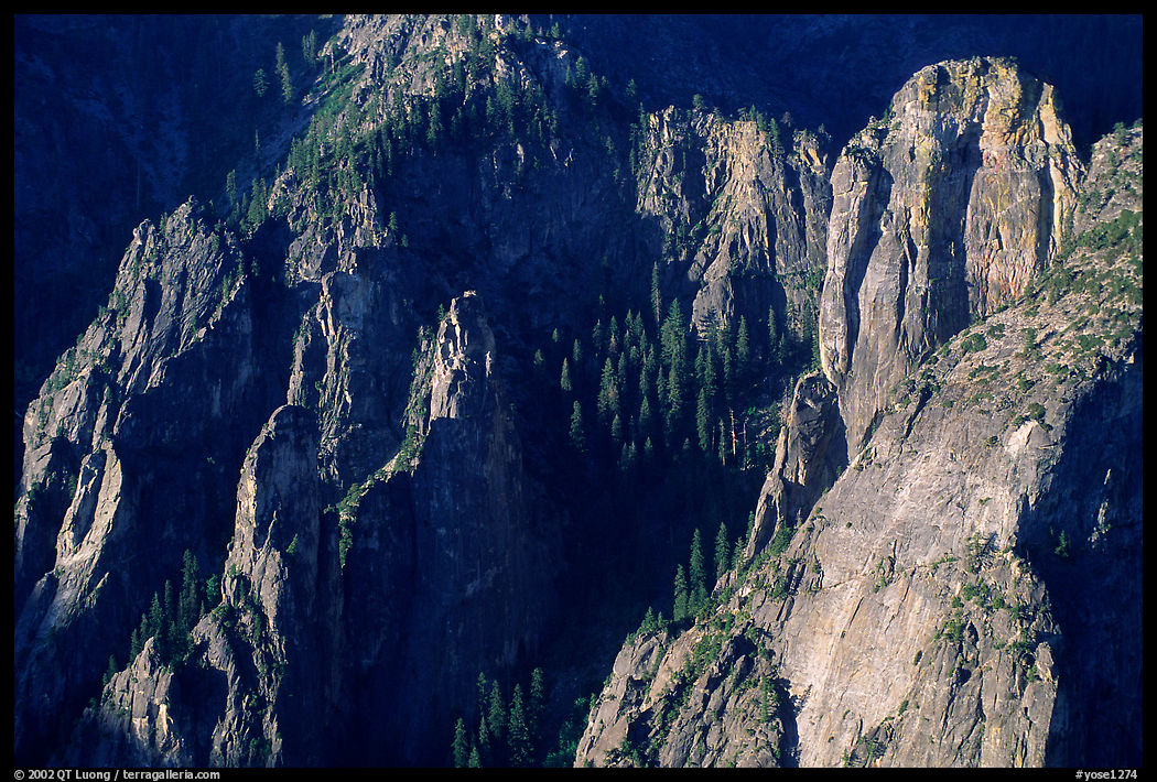 Cathedral Rocks seen from  top of El Capitan, early morning. Yosemite National Park, California, USA.
