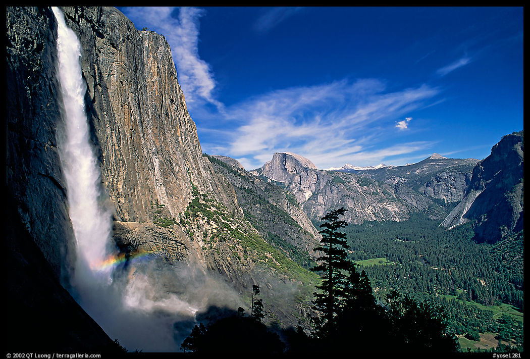 Upper Yosemite Falls with rainbow at base, early afternoon. Yosemite National Park, California, USA.