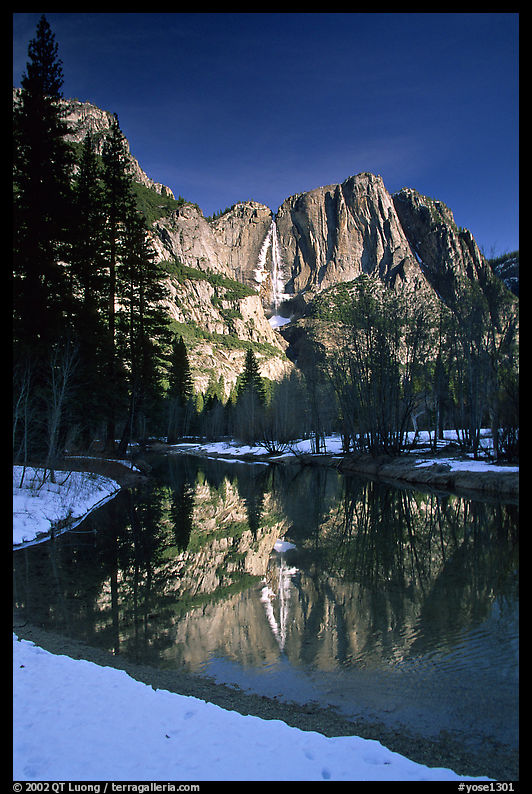 Merced River and Yosemite Falls from Swinging Bridge, winter morning. Yosemite National Park