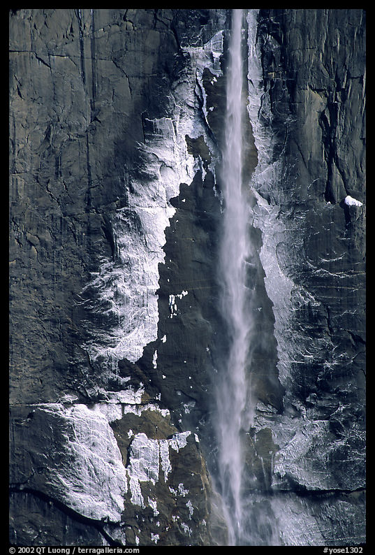 Ice crust on Yosemite Falls wall. Yosemite National Park, California, USA.