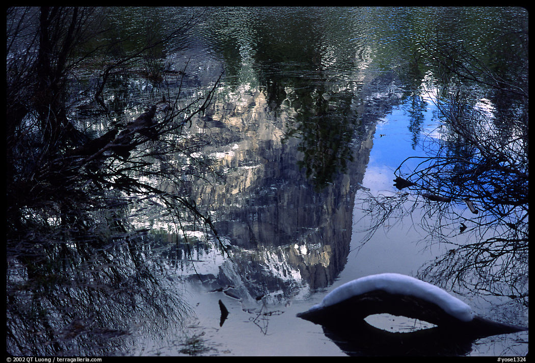Reflections in Mirror Lake, winter afternoon. Yosemite National Park