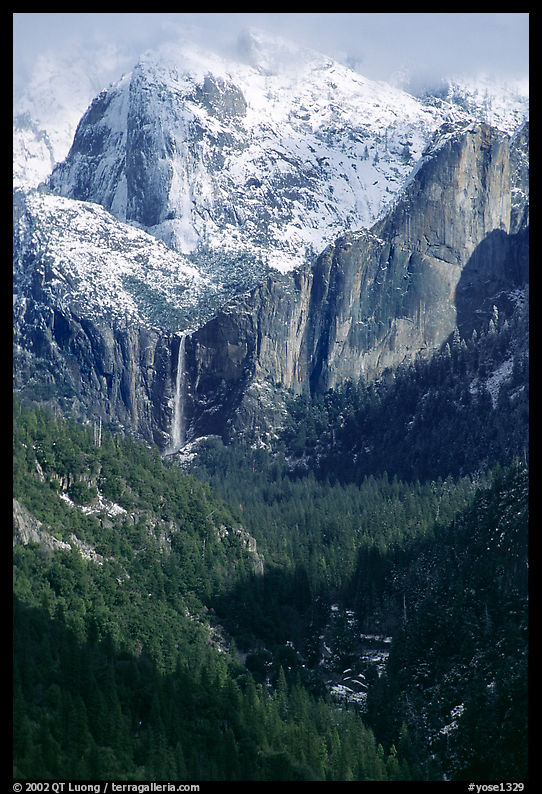 Bridalveil Falls and Cathedral rocks in winter. Yosemite National Park, California, USA.
