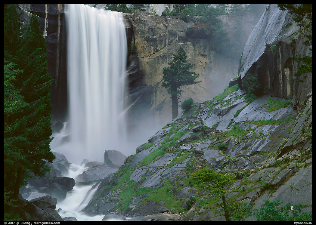 Vernal Fall and wet granite slab. Yosemite National Park, California, USA.