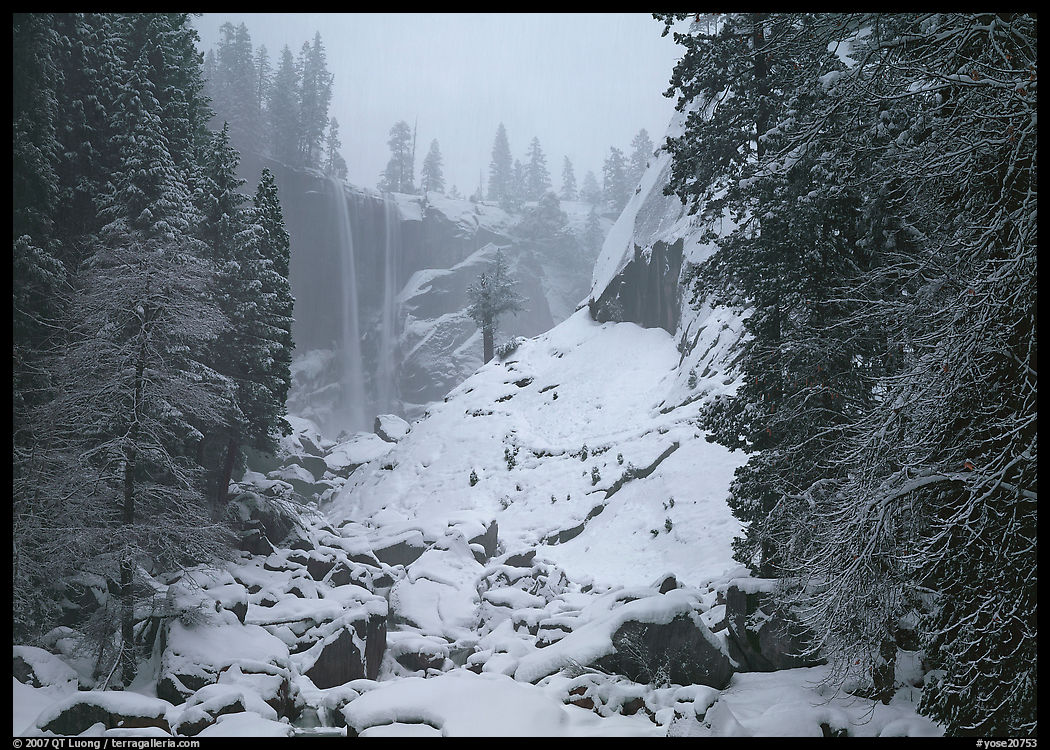 Thin flow of Vernal Fall in winter. Yosemite National Park, California, USA.