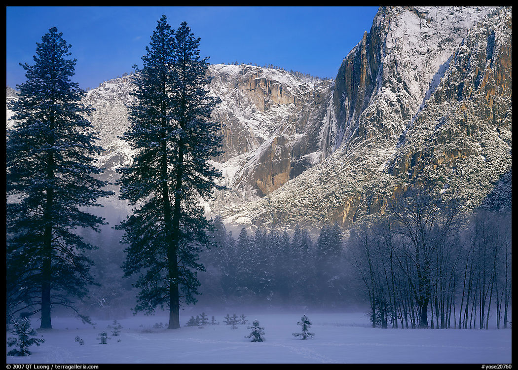 Awhahee Meadow and Yosemite falls wall with snow, early winter morning. Yosemite National Park, California, USA.