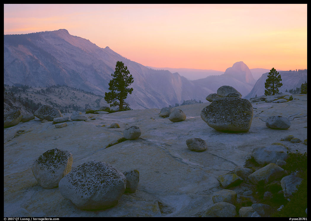 Glacial polish and erratics, Clouds Rest and Half Dome, sunset. Yosemite National Park, California, USA.