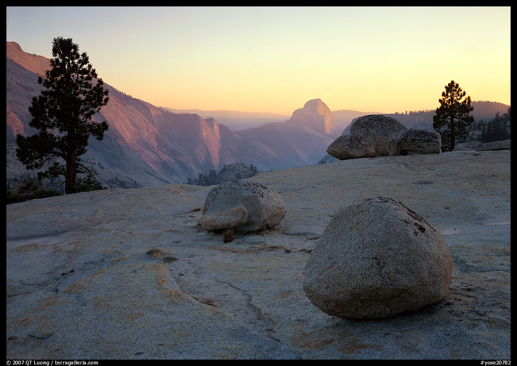 Boulders and Half-Dome at sunset, Olmsted Point. Yosemite National Park, California, USA.
