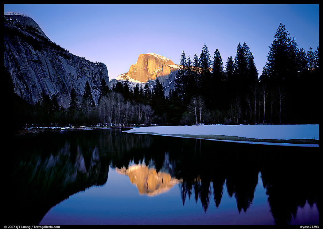 Half-Dome reflected in Merced River near Sentinel Bridge, sunset. Yosemite National Park, California, USA.