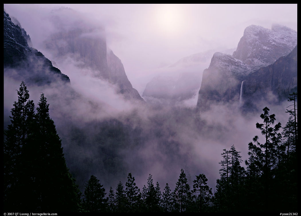 Yosemite Valley from Tunnel View with fog. Yosemite National Park, California, USA.