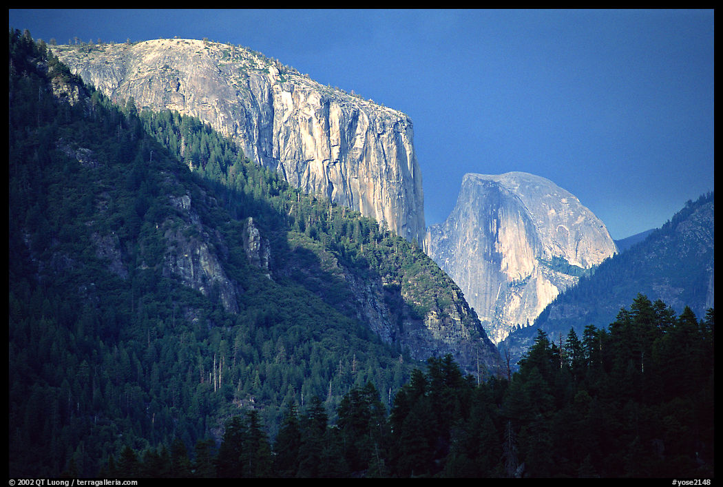 El Capitan and Half Dome viewed from Big Oak Flat Road, afternoon storm light. Yosemite National Park, California, USA.