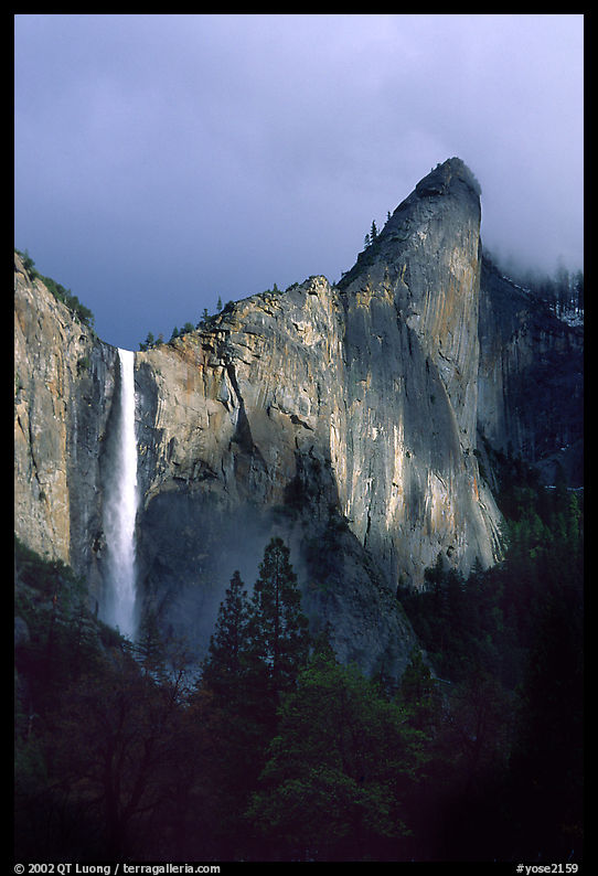 Bridalveil Falls and Leaning Tower, late afternoon. Yosemite National Park, California, USA.