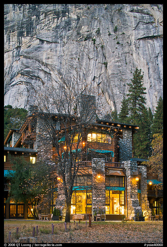 Historic Ahwahnee lodge at dusk. Yosemite National Park, California, USA.