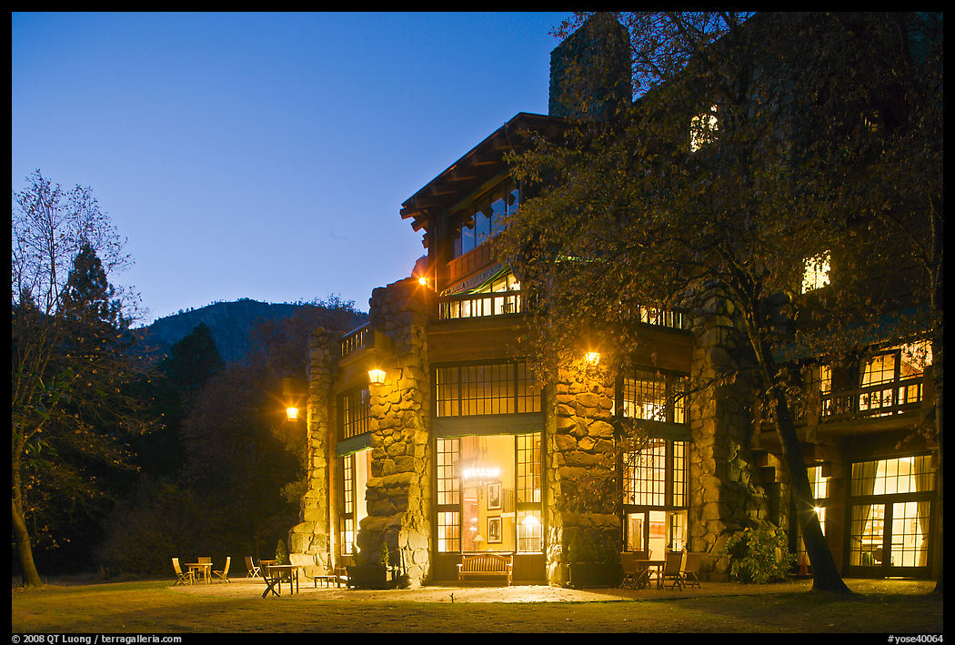 Lights of Ahwahnee hotel at night. Yosemite National Park, California, USA.