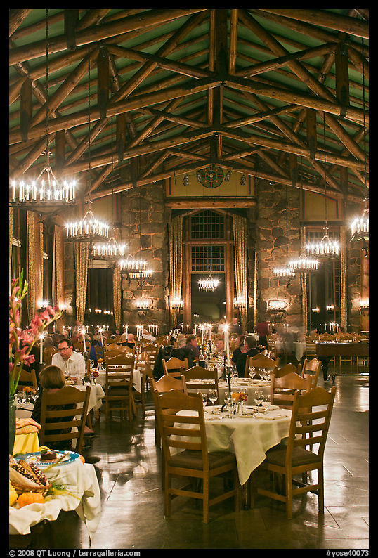 Dinning room at night, Ahwahnee lodge. Yosemite National Park, California, USA.