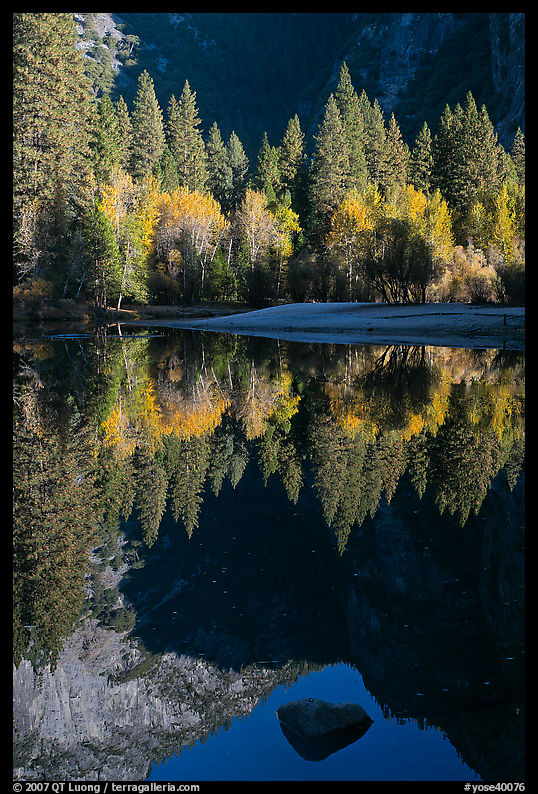 Reflexions and rock, Merced River. Yosemite National Park, California, USA.