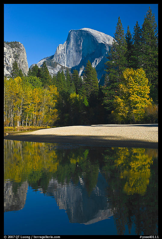 Half Dome reflected in Merced River in the fall. Yosemite National Park, California, USA.
