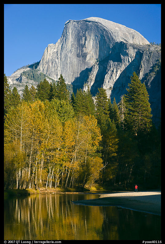 Banks of  Merced River with hiker below Half-Dome. Yosemite National Park, California, USA.