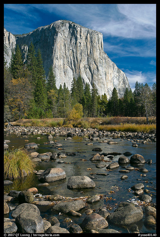 Pebbles, Merced River, and El Capitan, morning. Yosemite National Park, California, USA.