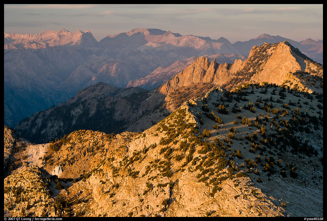 Sunset light over mountain ranges. Yosemite National Park, California, USA.