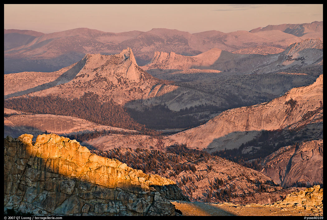 Cathedral Peak in the distance at sunset. Yosemite National Park
