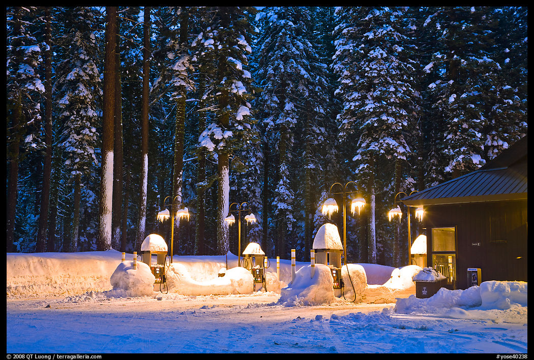 Crane Flat gas station with snow at dusk. Yosemite National Park, California, USA.