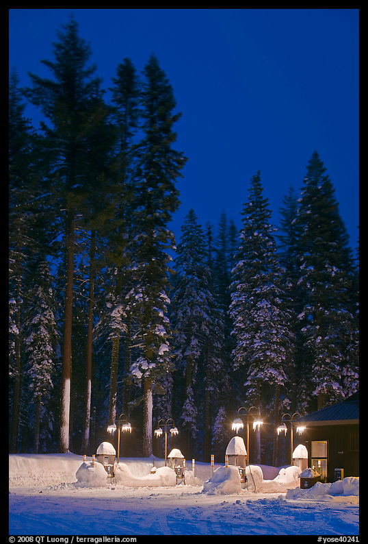 Well-lit gas station and snowy trees. Yosemite National Park, California, USA.