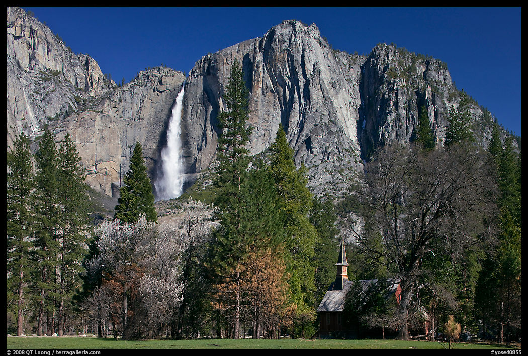 Yosemite Falls and Yosemite Chapel in spring. Yosemite National Park