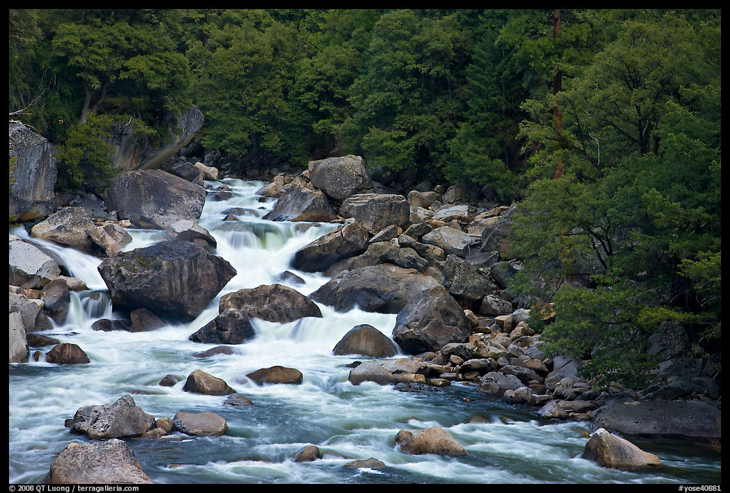 Merced River and boulders in spring, Lower Merced Canyon. Yosemite National Park