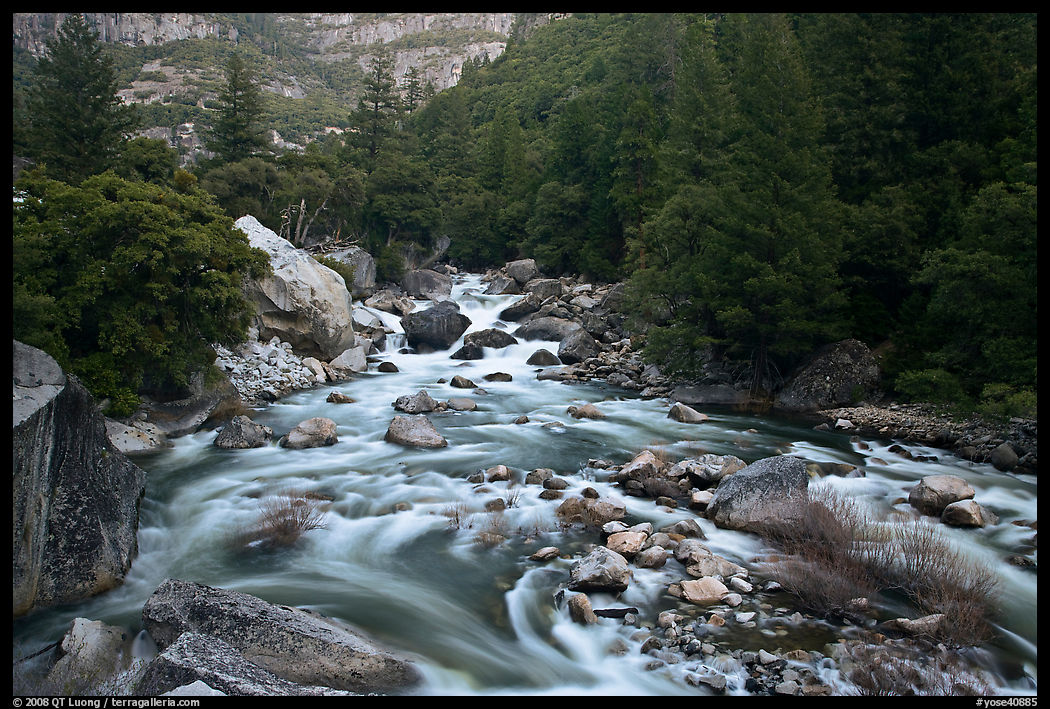 Lower Merced Canyon with wide Merced River. Yosemite National Park