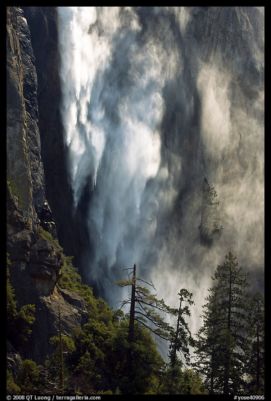 Bridalveil fall with water sprayed by wind gusts. Yosemite National Park