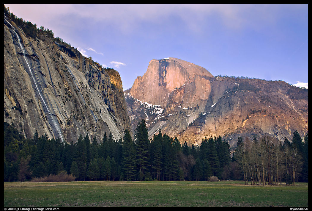 Seasonal waterfall and Half-Dome from Awhanhee Meadow. Yosemite National Park