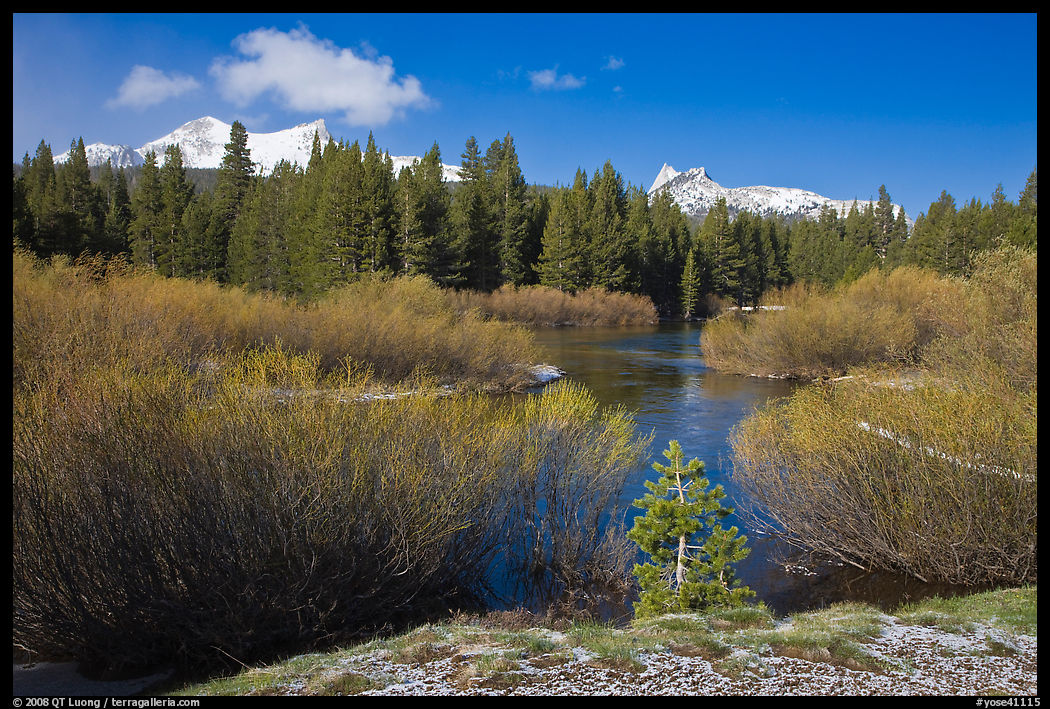 Fresh snow, stream, and Cathedral Peak. Yosemite National Park