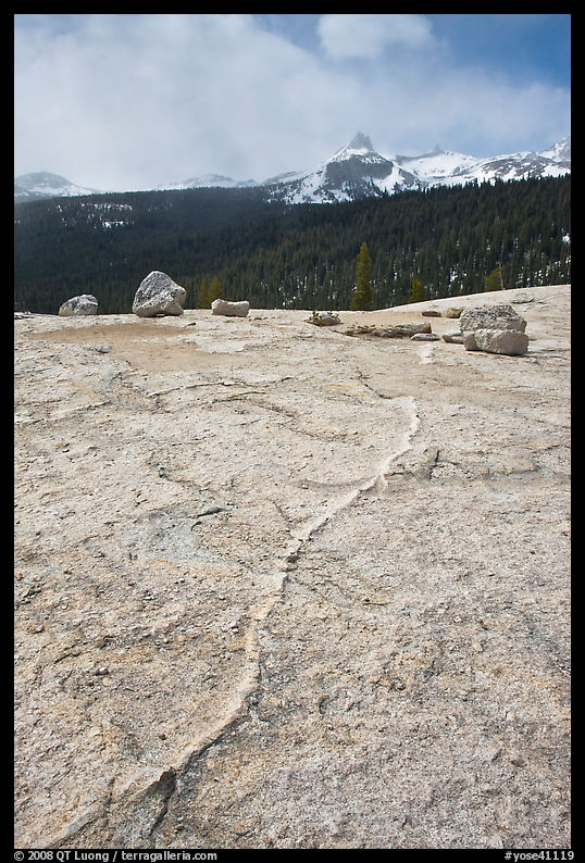 Granite slab and Cathedral Peak. Yosemite National Park