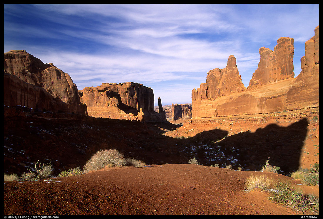 South park avenue, an open canyon flanked by sandstone skycrapers. Arches National Park