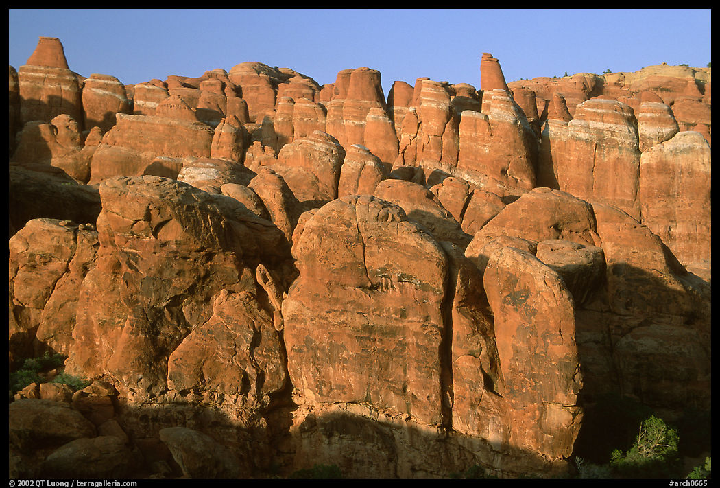 Sandstone fins at Fiery Furnace, sunset. Arches National Park, Utah, USA.