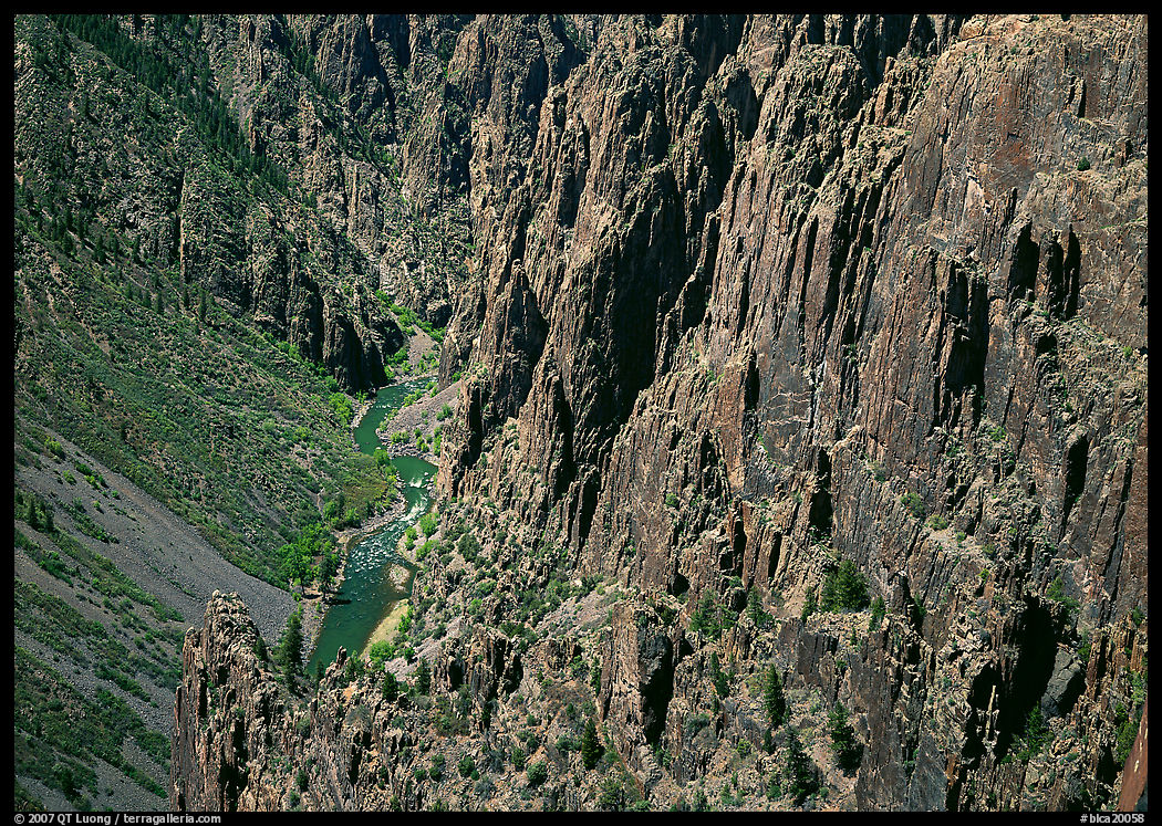 Rock spires and Gunisson River from above. Black Canyon of the Gunnison National Park, Colorado, USA.