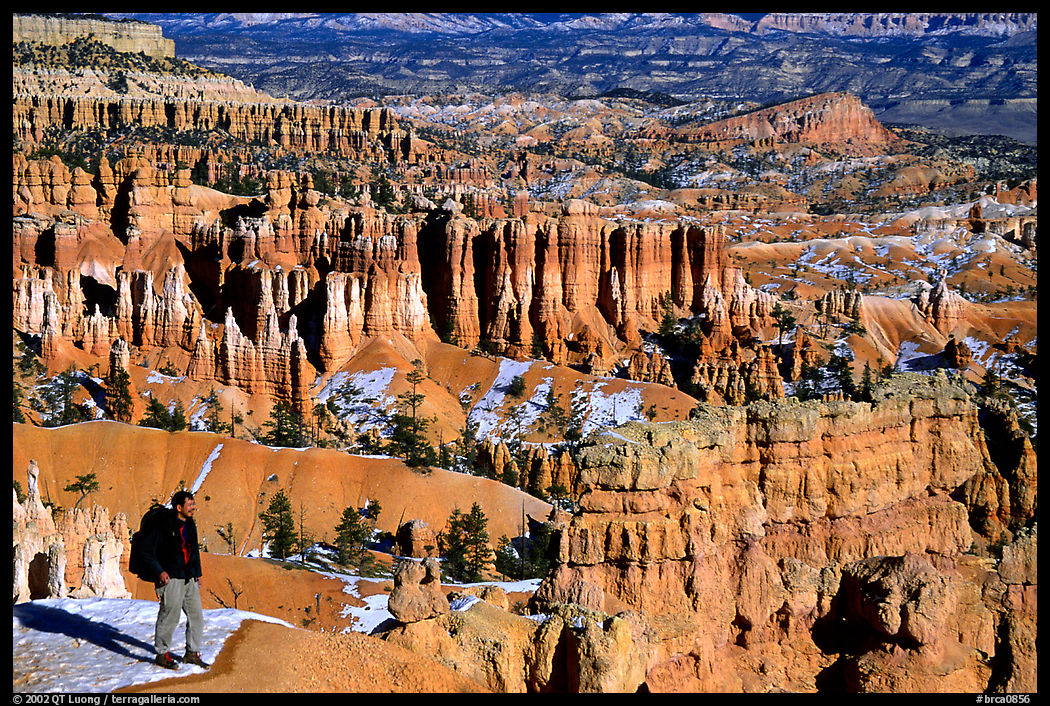 Hiker with panoramic view on Navajo Trail. Bryce Canyon National Park