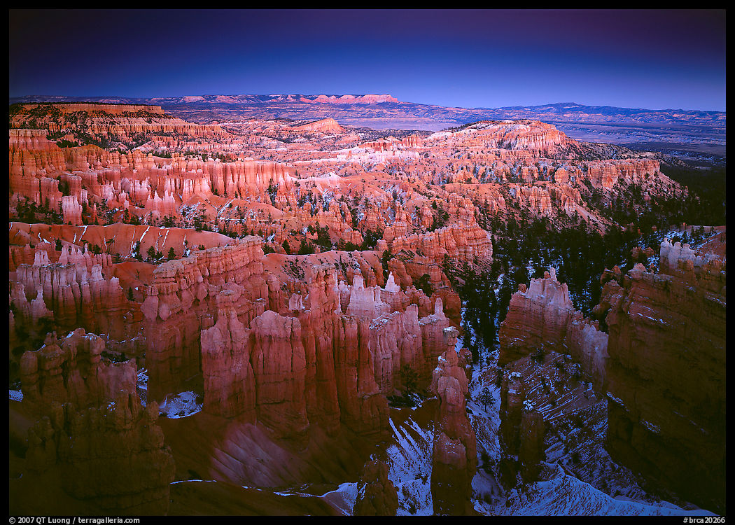 View of Bryce Amphitheater hoodoos from Sunset Point at dusk. Bryce Canyon National Park
