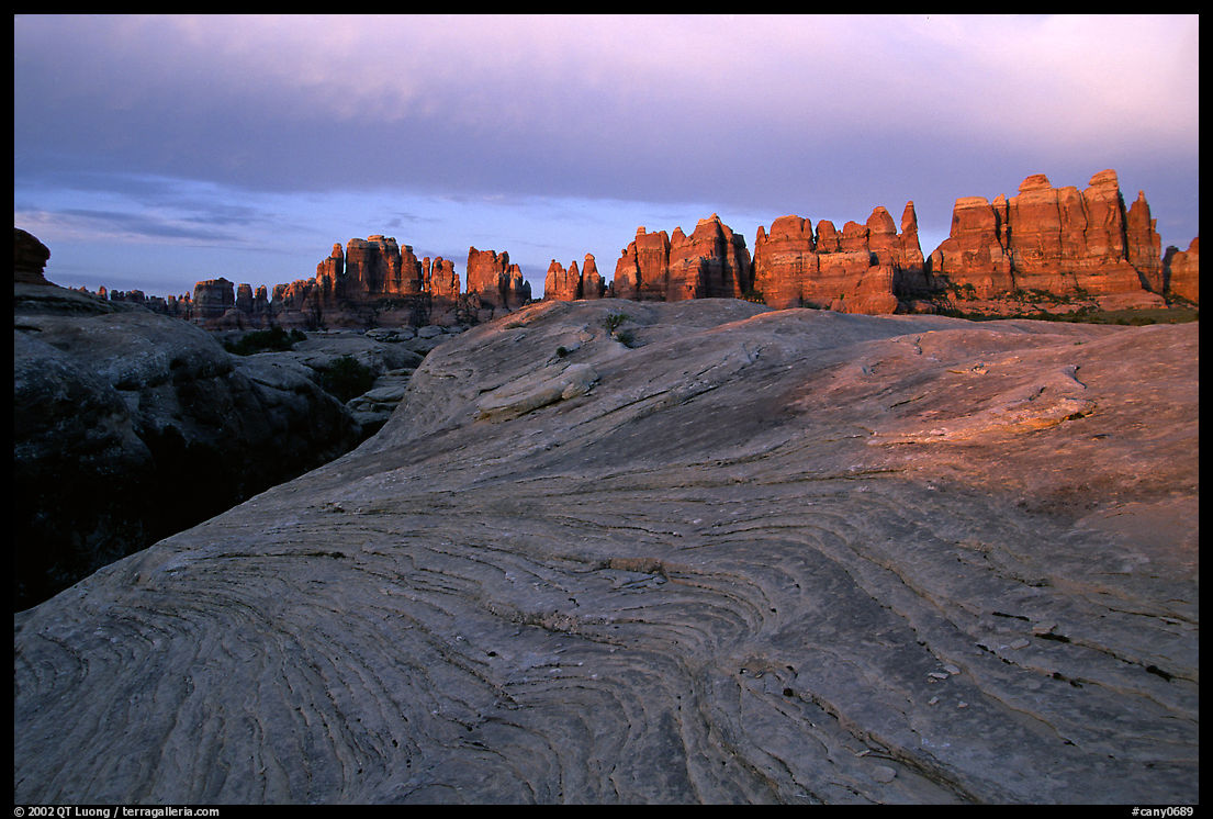 Sandstone swirls and Needles near Elephant Hill, sunset. Canyonlands National Park, Utah, USA.