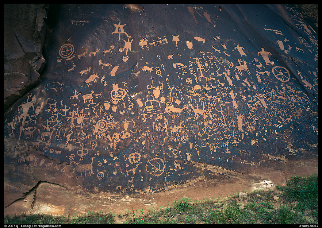 Slab called Newspaper Rock covered with petroglyphs. Canyonlands National Park, Utah, USA.