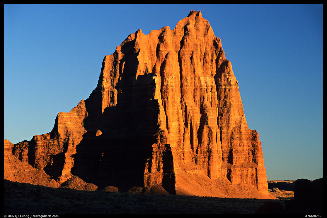 Temple of the Sun, sunrise, Cathedral Valley. Capitol Reef National Park, Utah, USA.