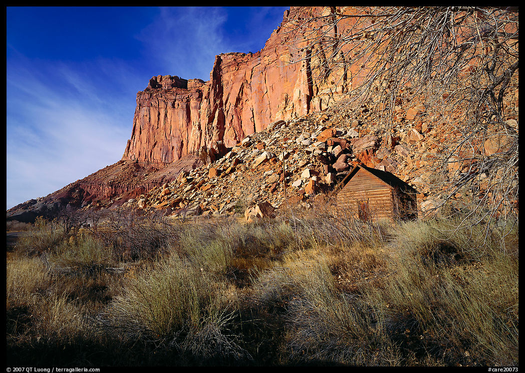 Historic Fuita school house and cliffs. Capitol Reef National Park, Utah, USA.