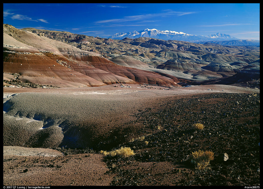 Bentonite hills and Henry Mountains. Capitol Reef National Park, Utah, USA.