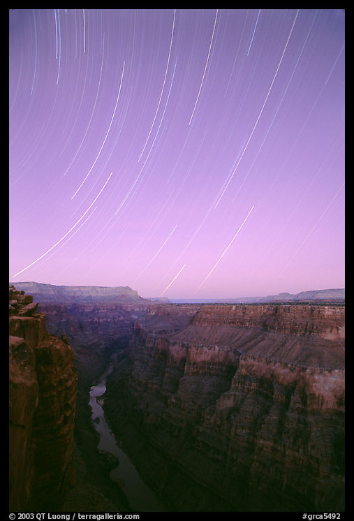 Star trails and narrow gorge of  Colorado River at Toroweap. Grand Canyon  National Park, Arizona, USA.