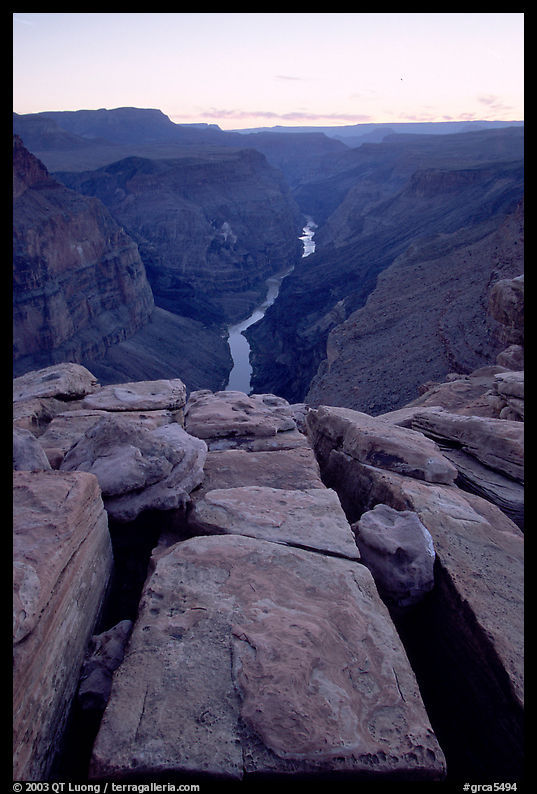 Cracks and Colorado River at Toroweap, dusk. Grand Canyon  National Park, Arizona, USA.