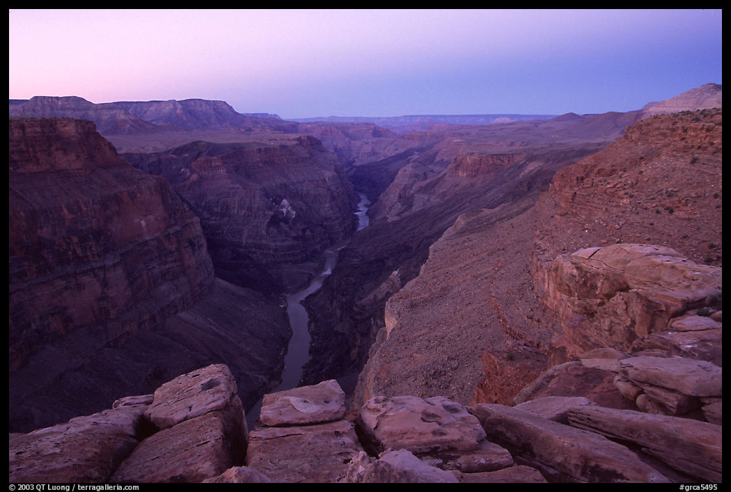 Cracked rocks and Colorado River at Toroweap, dawn. Grand Canyon  National Park, Arizona, USA.